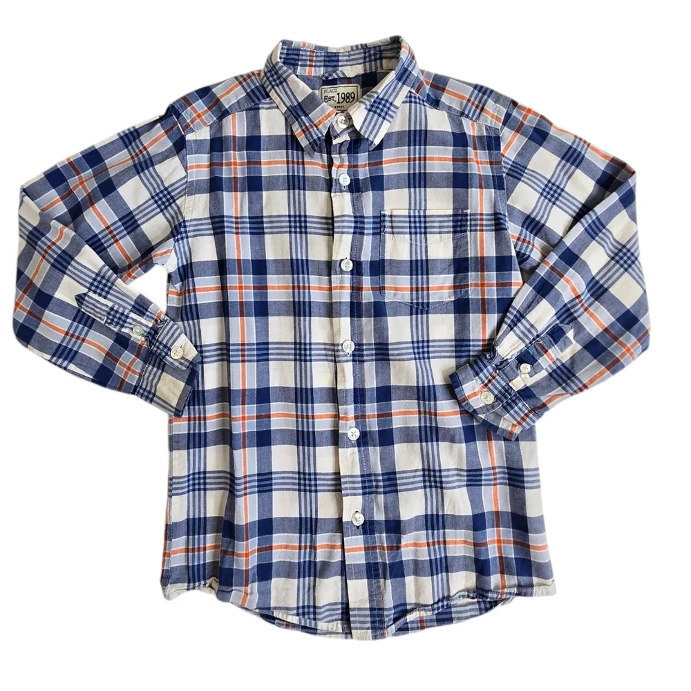 The Children's Place blue and orange plaid button down shirt small 5/6